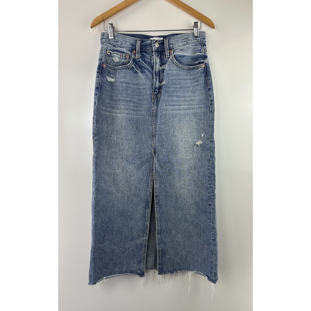 Pistola Alice Denim Maxi Skirt Distressed Raw Hem Front High Slit Cotton Size 27 - Picture 2 of 15